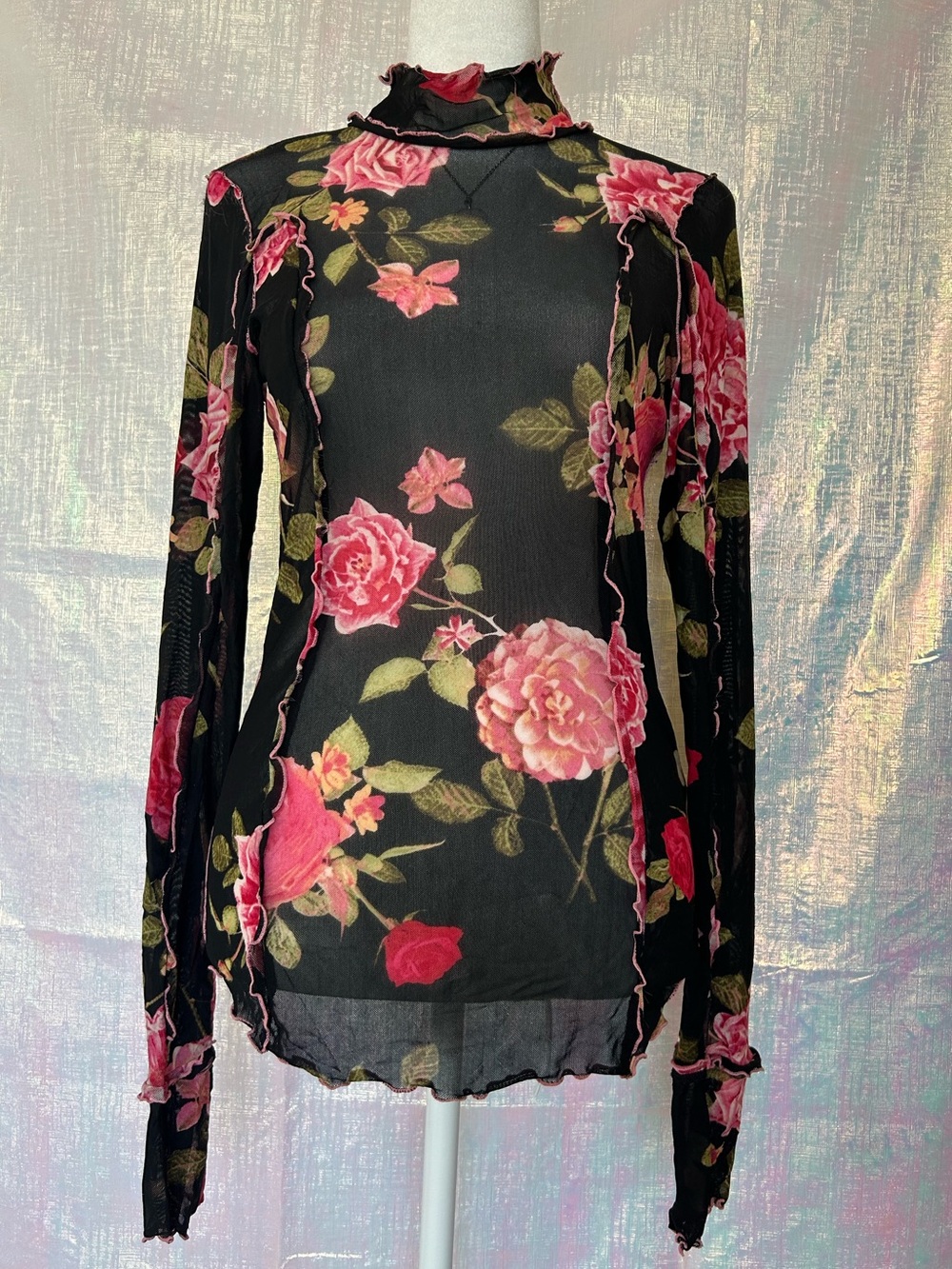 Free People Black Sheer Long-Sleeve Mock Neck Top with Pink Floral Print. Size M